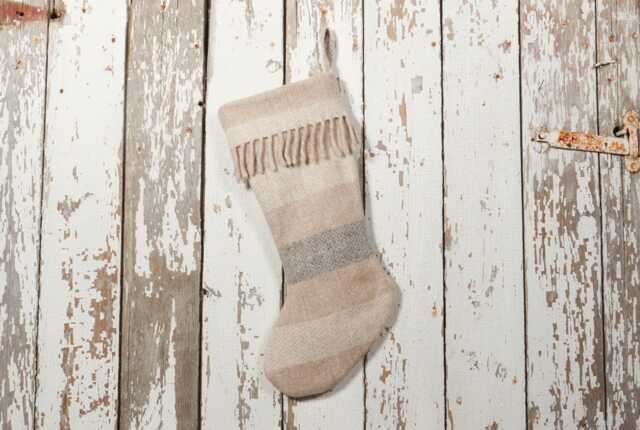 Vintage Wool Blanket Country Christmas Stocking - Beige & Gray With Matching Fringe Cuff #2 - image 1