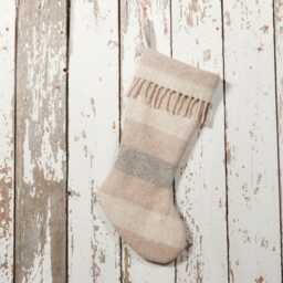 Vintage Wool Blanket Country Christmas Stocking - Beige & Gray With Matching Fringe Cuff #2 - thumbnail 3