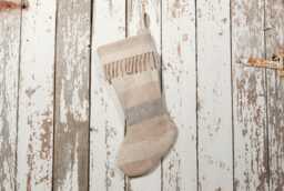 Vintage Wool Blanket Country Christmas Stocking - Beige & Gray With Matching Fringe Cuff #2