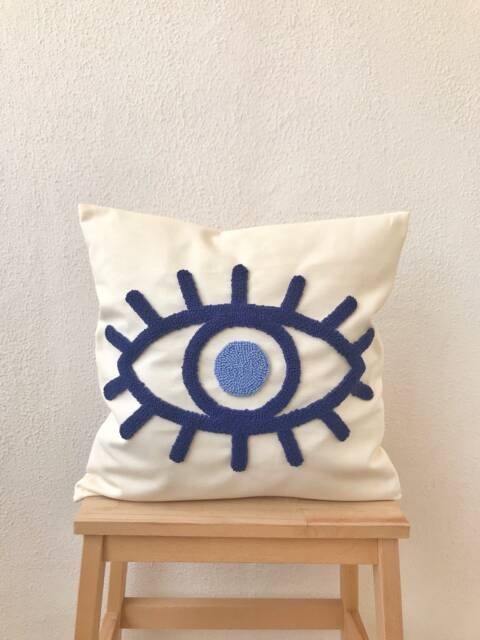 Embroidery Evil Eye Pillow Cover, Blue Throw Pillow, Punch Needle Cushion Case, Hook Housewarming Gift - image 1
