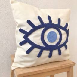 Embroidery Evil Eye Pillow Cover, Blue Throw Pillow, Punch Needle Cushion Case, Hook Housewarming Gift - thumbnail 3