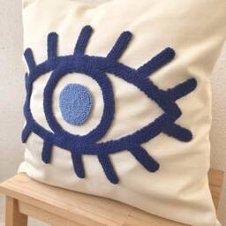 Embroidery Evil Eye Pillow Cover, Blue Throw Pillow, Punch Needle Cushion Case, Hook Housewarming Gift - thumbnail 2