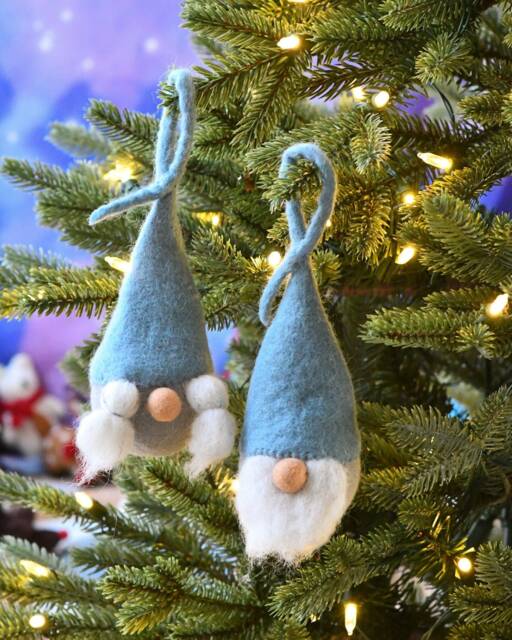 Felt Christmas Grey - Blue Santa Gnome Baubles, Pair Of Claus & Mrs Baubles