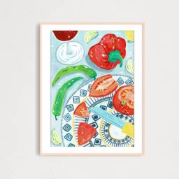 Digital Kitchen Table With Tomato & Peppers Art Print, Printable Digital Download, Food Wall Decor, Gouache Illustration - thumbnail 1
