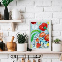 Digital Kitchen Table With Tomato & Peppers Art Print, Printable Digital Download, Food Wall Decor, Gouache Illustration - thumbnail 3