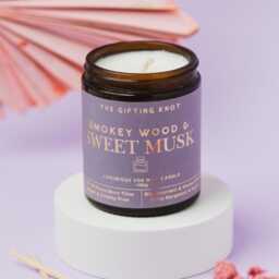 Sweet Musk Soy Candle, Amber Jar Woodsy Cosy Home Fragrance, Housewarming Gift, Gift For Her UK - thumbnail 4