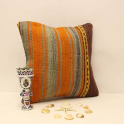 Kilim Pillow Wool Vintage Turkish Kilim 18x18 Inch 4Kbf-358 - thumbnail 1