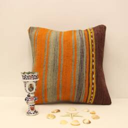 Kilim Pillow Wool Vintage Turkish Kilim 18x18 Inch 4Kbf-358 - thumbnail 2