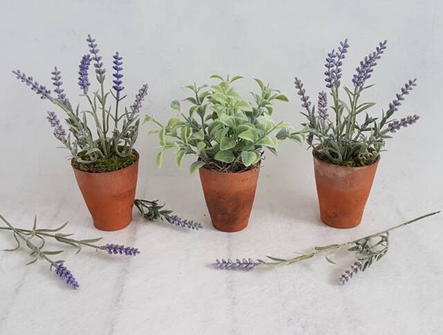 Faux Lavender in Genuine Vintage Terracotta Pots A Trio Of Small Artificial Plants - image 1