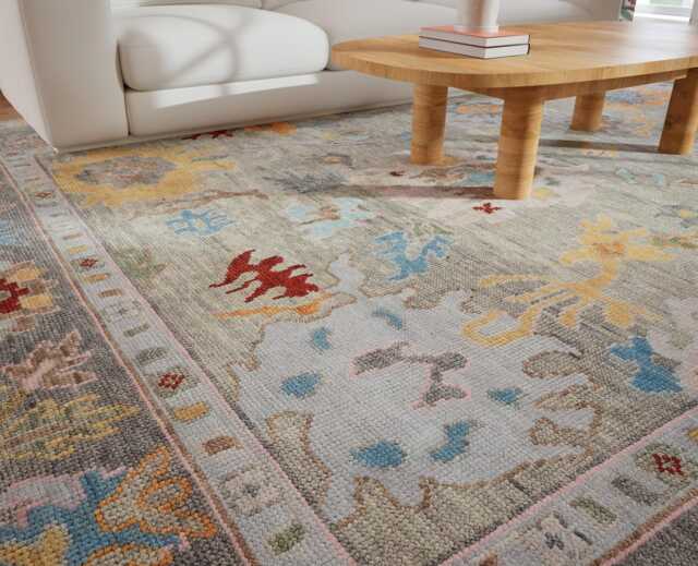Handmade Wool Oushak Rug, Gray, Red, & Orange Floral Accent Ar_3153 - image 1