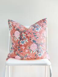 "Block Print Pillow Cover Floral Batik, Boho Farmhouse Decor - 20"" X 20" - thumbnail 1
