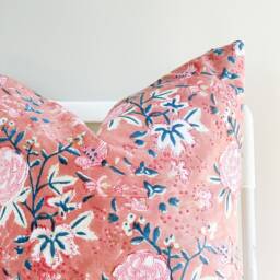 "Block Print Pillow Cover Floral Batik, Boho Farmhouse Decor - 20"" X 20" - thumbnail 2