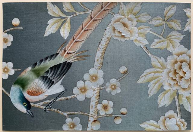 G-005 Sample in Stock For Chinoiserie Handpainted Wallpaper On Blue Grey Slub Silk Dp-26 - image 1
