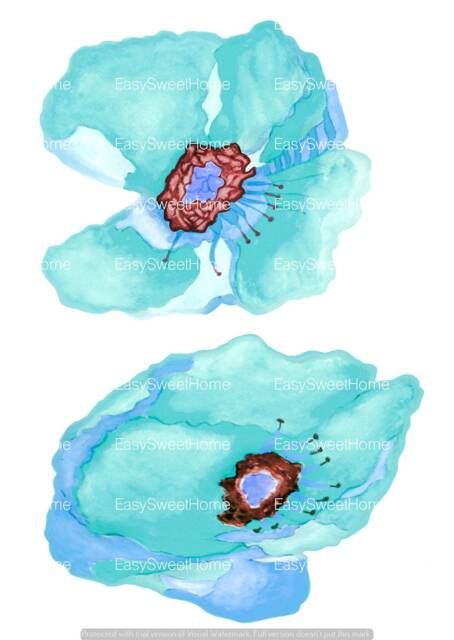 Poppy Wall Decals, Turquoise, 2-Set, Home D??cor, Watercolor Decals For Walls, Tile & Furniture, Hand-Painted - image 1
