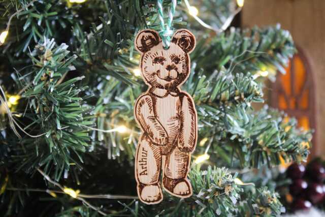 Personalised Teddy Bear Christmas Ornament Toy Maker Stuffed Gift Custom Bauble Engraved Rustic Wooden Tree Decoration - image 1