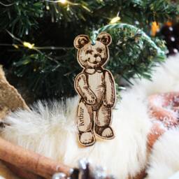 Personalised Teddy Bear Christmas Ornament Toy Maker Stuffed Gift Custom Bauble Engraved Rustic Wooden Tree Decoration - thumbnail 2