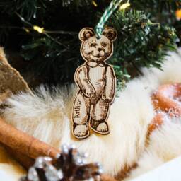 Personalised Teddy Bear Christmas Ornament Toy Maker Stuffed Gift Custom Bauble Engraved Rustic Wooden Tree Decoration - thumbnail 3