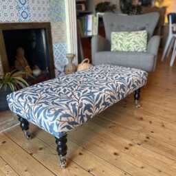 William Morris Large Footstool, Castor Legs Wheels, Upholstered, Handmade Coffee Table, Foot Rest