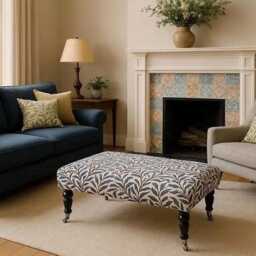 William Morris Large Footstool, Castor Legs Wheels, Upholstered Coffee Table - thumbnail 2