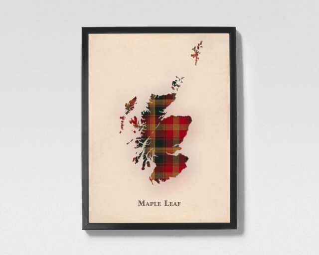Clan Maple Leaf Scottish Tartan Map - Of Scotland Family Wall Decor, Ready To Hang - image 1