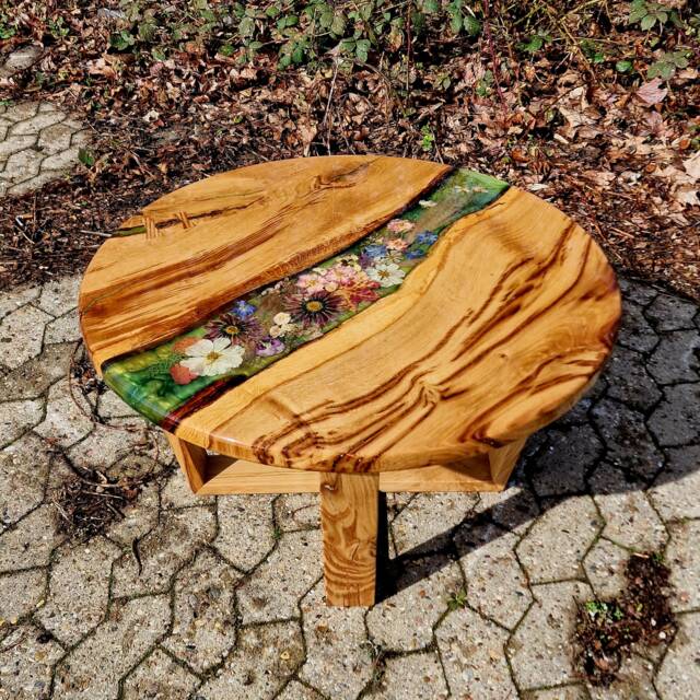 Sofa Table Coffee Round Led Real Flower Design Epoxy Resin Artwork Color Green - image 1