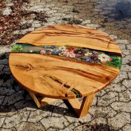 Sofa Table Coffee Round Led Real Flower Design Epoxy Resin Artwork Color Green - thumbnail 2