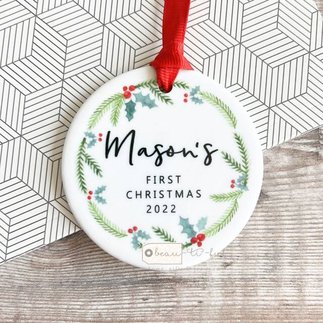 Personalised First Christmas Babies Baby's Baby Boy Girl Newborn Holly Greenery Wreath Design Ceramic Or Acrylic Round Ornament Keepsake - image 1