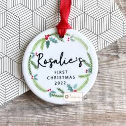 Personalised First Christmas Babies Baby's Baby Boy Girl Newborn Holly Greenery Wreath Design Ceramic Or Acrylic Round Ornament Keepsake - thumbnail 2