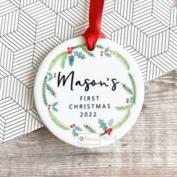 Personalised First Christmas Babies Baby's Baby Boy Girl Newborn Holly Greenery Wreath Design Ceramic Or Acrylic Round Ornament Keepsake - thumbnail 1