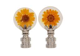 Daisy Flower Lamp Finials in Yellow - Natural Flowers Clear Acrylic On Shiny Chrome Hardware A Single Finial Or Matching Pair - thumbnail 1