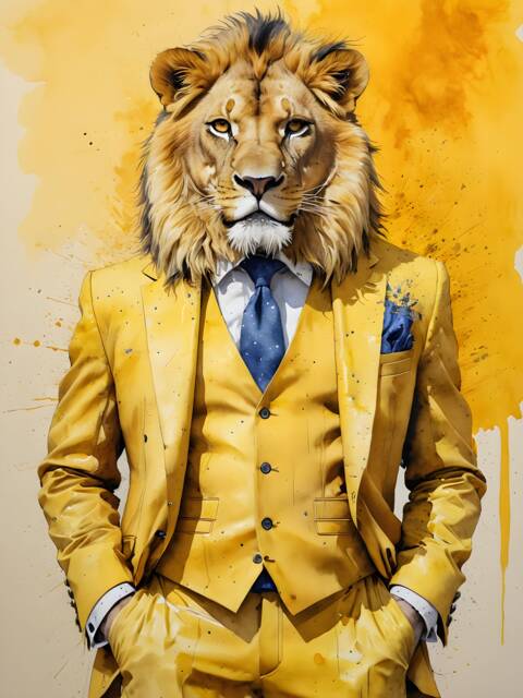 Lion in Suit Art Print Yellow Background, Gallery Wrapped Canvas - image 1