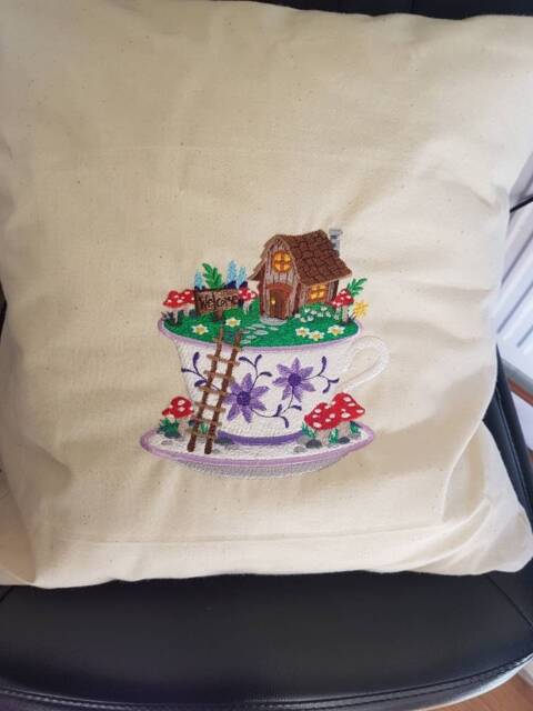 Embroidered Teacup Fairy House Cushion