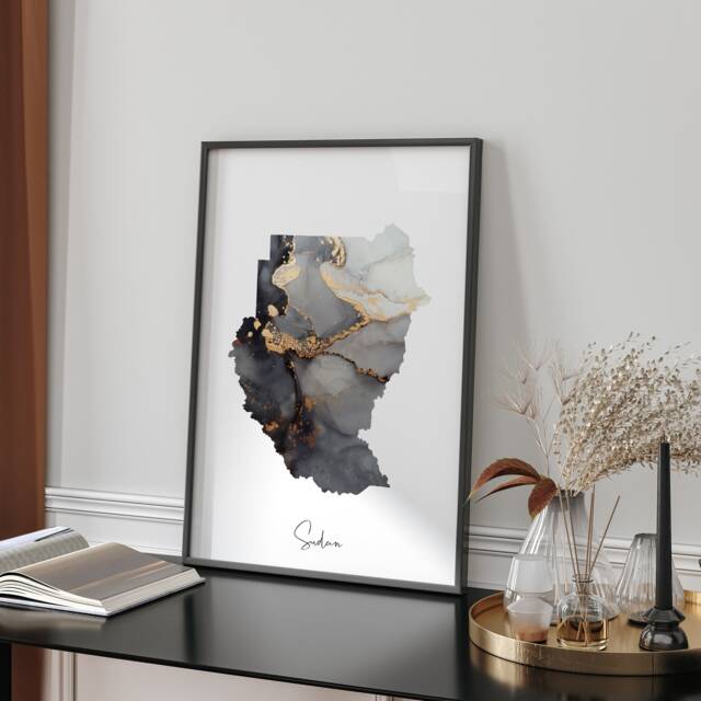 Sudan North + South Map Black & Gold Wall Art Print [Ev] - image 1