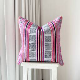 Decorative Pillows With Bright Colors - Pink Hemp & Hand Block Print, Patchwork, Cushion Cover - thumbnail 1