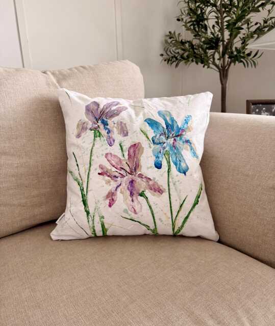 Hand Painted Pillow Cover - Floral Art 18x18 Irises - image 1