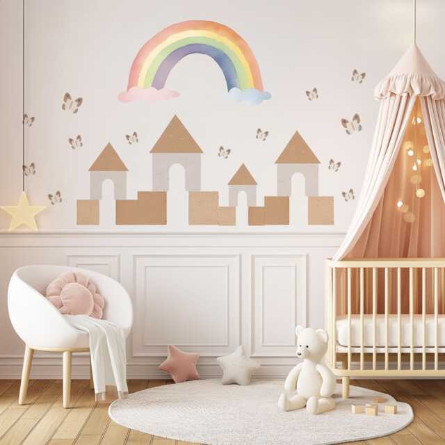 Rainbow Castle Wall Decals Neutral Nursery Decor Boho Stickers Butterfly Peel & Stick Kids Room - image 1