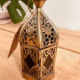 Handmade Fair Trade Recycled Metal Lantern Beautiful Gold Moroccan Style T Light Holder With Rainbow Glass Small Lanterns - thumbnail 3