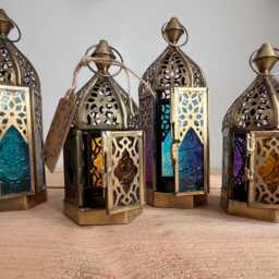 Handmade Fair Trade Recycled Metal Lantern Beautiful Gold Moroccan Style T Light Holder With Rainbow Glass Small Lanterns - thumbnail 4