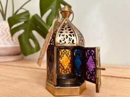 Handmade Fair Trade Recycled Metal Lantern Beautiful Gold Moroccan Style T Light Holder With Rainbow Glass Small Lanterns