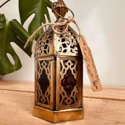Handmade Fair Trade Recycled Metal Lantern Beautiful Gold Moroccan Style T Light Holder With Rainbow Glass Small Lanterns - thumbnail 2