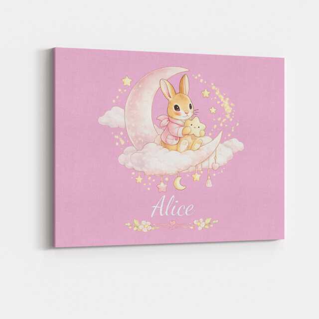 Personalised Name Pink Bunny Canvas Custom Colour Rabbit Cute Wall Art Nursery Decor Baby Shower Girl Bedroom Keepsake Artwork Gift - image 1