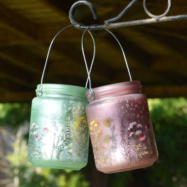 Pearlised Glass Lanterns, Pink Green Meadow Design, Candle Holders - image 1