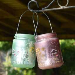 Pearlised Glass Lanterns, Pink Green Meadow Design, Candle Holders - thumbnail 1