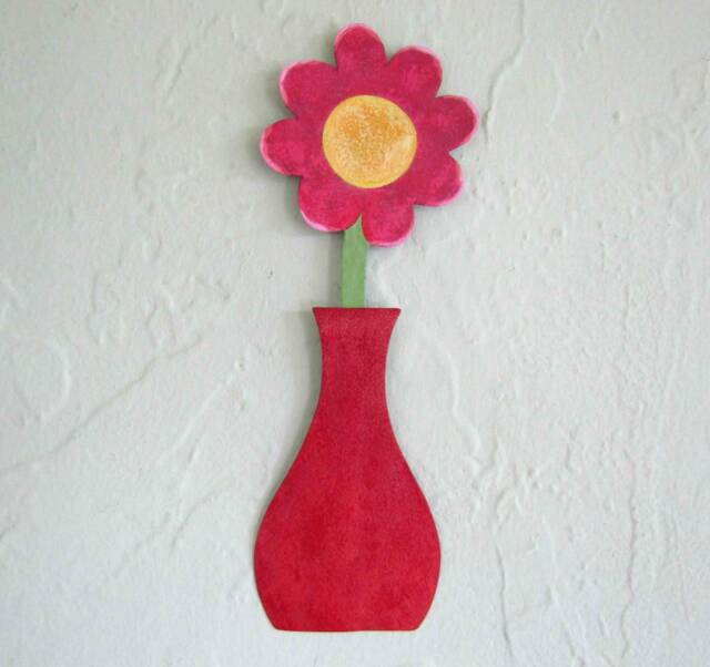 Metal Flower Wall Art Red Vase Sculpture, Kitchen Bathroom Decor - image 1