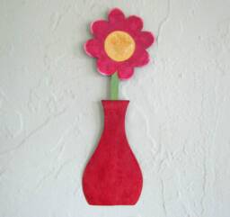 Metal Flower Wall Art Red Vase Sculpture, Kitchen Bathroom Decor - thumbnail 1