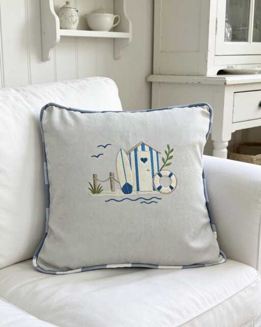 Handmade Beach Hut Embroidered Cushion, Natural Linen, Blue/White Gingham Check, Nautical - 40x40, 45x45 cms - image 1