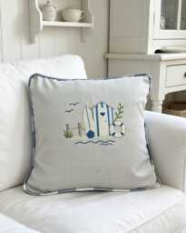 Handmade Beach Hut Embroidered Cushion, Natural Linen, Blue/White Gingham Check, Nautical - 40x40, 45x45 cms - thumbnail 1