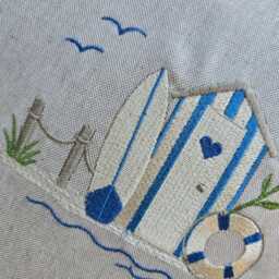 Handmade Beach Hut Embroidered Cushion, Natural Linen, Blue/White Gingham Check, Nautical - 40x40, 45x45 cms - thumbnail 2