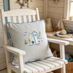 Handmade Beach Hut Embroidered Cushion, Natural Linen, Blue/White Gingham Check, Nautical - 40x40, 45x45 cms - thumbnail 4