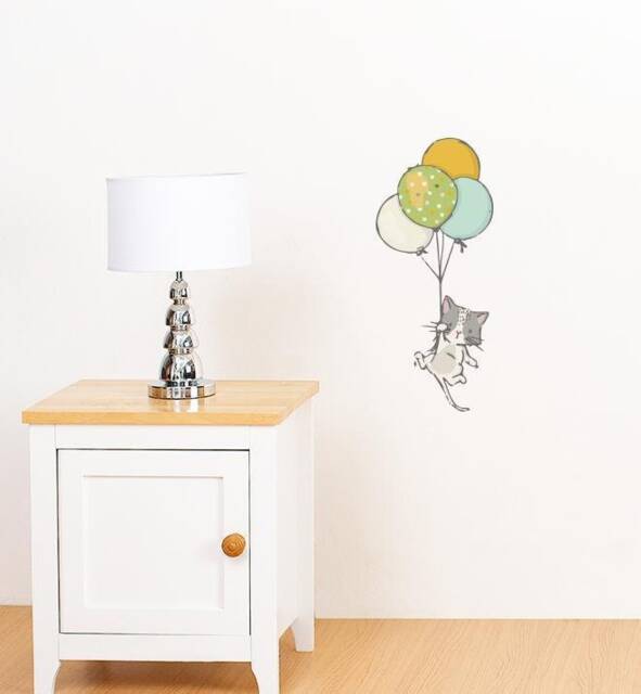 White Cat Floating With Balloons Wall Sticker Decal - Dogs & Pets Stickers, Art, Decals, Kids Animals Decals